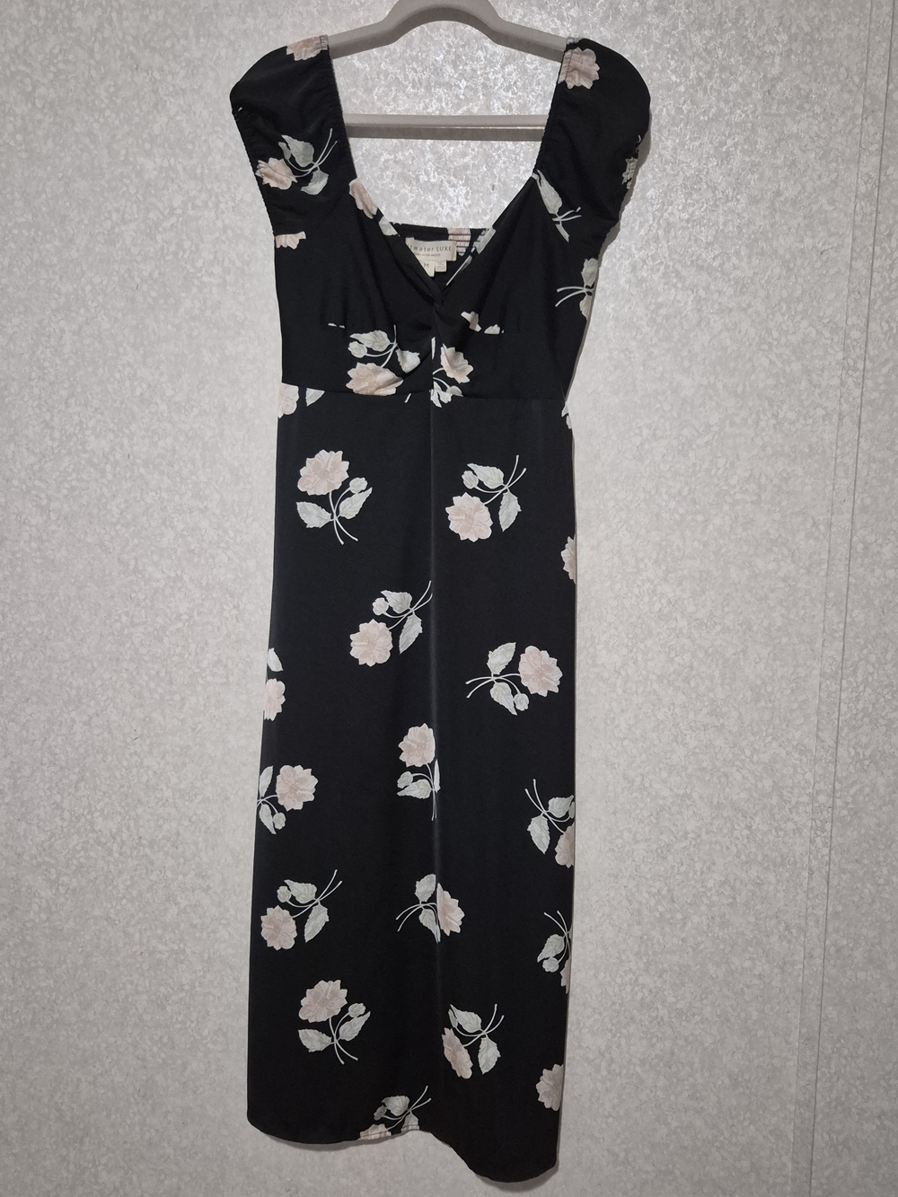saltwater LUXE Black Midi Dress with Pale Pink Floral Print